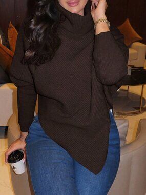 Brown Casual Women's Off-Shoulder Wrap Long Sweater
